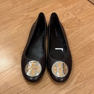 Tory Burch Black Quilted Flats with Gold Logo